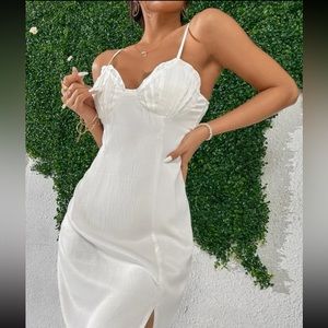 White Ruched Bust Slit Hem Cami Dress